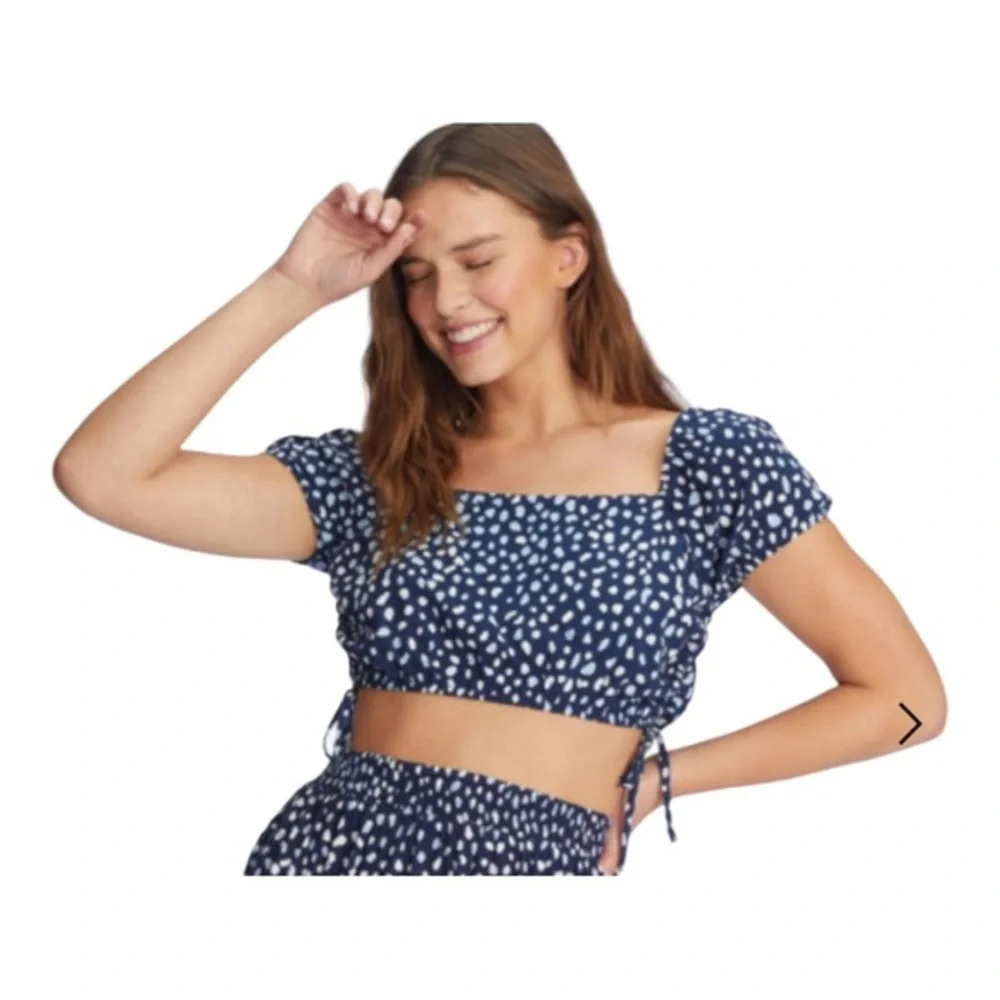 Roxy Indigo Wild Dots Dear Amor Puff Short Sleeve Crop Top NWOT‎